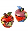 Apple season. Shaped by the vivid colors and bold patterns of renowned pop artist Romero Britto, Apple salt and pepper shakers serve their purpose at the table and on display.