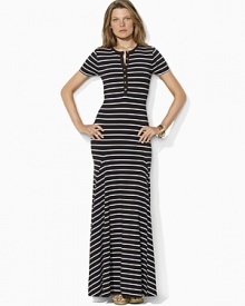 A warm-weather essential, a chic Lauren Ralph Lauren Petites striped maxi dress is crafted with short sleeves and a buttoned placket. A warm-weather essential, a chic Lauren Ralph Lauren Petites striped maxi dress is crafted with short sleeves and a buttoned placket.