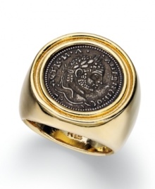 The golden age of style. This ring from Lauren Ralph Lauren highlights a silver tone Roman coin-inspired face. Crafted in 14k gold plated mixed metal. Size 7. The golden age of style. This ring from Lauren Ralph Lauren highlights a silver tone Roman coin-inspired face. Crafted in 14k gold plated mixed metal. Size 7.