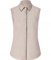 Work a chic edge into your workwear staples with Jil Sander Navys contrast trimmed shirt - Classic collar, sleeveless, button-down front, shirttail hemline, black trim - Tailored fit - Wear with a tailored blazer, pencil skirt and peep-toes