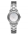 Cool shine sets the stage for sophistication. Watch by DKNY crafted of stainless steel bracelet and round case with bezel embellished by crystal accents. White mother-of-pearl dial features silver tone stick indices, three hands and logo. Quartz movement. Water resistant to 30 meters. Two-year limited warranty.