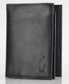 Ralph Lauren's iconic pony graces the front of a lustrous leather billfold wallet, constructed with ample storage for cards and a convenient ID window.