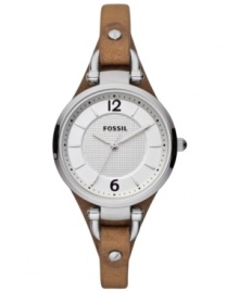 A classic round steel case sits on smooth brown leather on this Georgia collection watch by Fossil. A classic round steel case sits on smooth brown leather on this Georgia collection watch by Fossil.