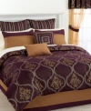 Combining the look of Rococo-inspired embroidery with modern geometric appeal, the Nicolette room in a bag creates an instant atmosphere of regality. Set in gorgeous purple and gold over a smooth jacquard ground, the comforter and shams are finished with delicate piping. Glistening beauty in its window sheers only add to this exhilarating bedding design. (Clearance)