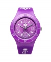 Cause a scene in this bold Taylor watch by Juicy Couture. Crafted of purple synthetic jelly bracelet with printed logo and round plastic case with lavender numerals and crown logo at bezel. Purple dial features numerals, minute track, Watch Your Couture at six o'clock, crown logo at center and three luminous hands. Quartz movement. Water resistant to 30 meters. Two-year limited warranty.