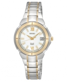 Enduring style and solar power make this Seiko watch a lifetime favorite. Brushed and polished two-tone stainless steel bracelet and round case, 28mm. White dial features applied gold tone Roman numerals at twelve and six o'clock, stick indices, minute track, date window at three o'clock, LumiBrite hands and logo. Solar-powered quartz movement. Water resistant to 100 meters. Three-year limited warranty. Enduring style and solar power make this Seiko watch a lifetime favorite. Brushed and polished two-tone stainless steel bracelet and round case, 28mm. White dial features applied gold tone Roman numerals at twelve and six o'clock, stick indices, minute track, date window at three o'clock, LumiBrite hands and logo. Solar-powered quartz movement. Water resistant to 100 meters. Three-year limited warranty.