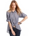 Liven up your look with chic chambray! American Rag updates a boyfriend shirt with just-for-girls details like a gathered back yoke and a tied front hem.