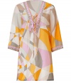 Inject Palm Springs-inspired retro chic into your holiday look with this geometric print caftan from Emilio Pucci - V-neck with lace up detail, three-quarter bell sleeves, side vents, relaxed silhouette, semi-sheer - Style with a halter style swimsuit and embellished sandals for poolside luxe