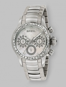 From the Logo Collection. An elegant chronograph in stainless steel with a lustrous mother-of-pearl dial and sparkling Swarovski crystal bezel and hour markers. Quartz movement Water resistant to 10 ATM Round stainless steel case, 37mm diameter (1.46) White mother-of-pearl dial Crystal hour markers Three chronograph sub dials Second hand Stainless steel link bracelet Imported From the Logo Collection. An elegant chronograph in stainless steel with a lustrous mother-of-pearl dial and sparkling Swarovski crystal bezel and hour markers. Quartz movement Water resistant to 10 ATM Round stainless steel case, 37mm diameter (1.46) White mother-of-pearl dial Crystal hour markers Three chronograph sub dials Second hand Stainless steel link bracelet Imported