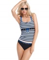 ECO Swim's tankini top mixes sporty sailor-stripes with eye-catching metal hardware and contrast piping!