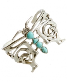 Let pretty wings wrap around your wrists. Lucky Brand's whimsical cuff bracelet features a delicate open work butterfly accented by semi-precious reconstituted calcite turquoise. Set in silver tone mixed metal. Approximate diameter: 3 inches. Let pretty wings wrap around your wrists. Lucky Brand's whimsical cuff bracelet features a delicate open work butterfly accented by semi-precious reconstituted calcite turquoise. Set in silver tone mixed metal. Approximate diameter: 3 inches.