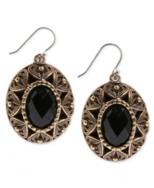 Ornate opulence. This pair of earrings from Lucky Brand is crafted from gold-tone mixed metal with precise etchings and black glass stones for a stylish approach. Approximate drop: 1-3/4 inches. Ornate opulence. This pair of earrings from Lucky Brand is crafted from gold-tone mixed metal with precise etchings and black glass stones for a stylish approach. Approximate drop: 1-3/4 inches.