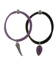 A pretty pair. Lucky Brand's set of two stylish hair bands includes wing and colored glass charms. Made in elastic with silver tone mixed metal accents. Approximate diameter: 1-3/4 inches. A pretty pair. Lucky Brand's set of two stylish hair bands includes wing and colored glass charms. Made in elastic with silver tone mixed metal accents. Approximate diameter: 1-3/4 inches.