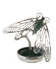 An intriguing insect. Lucky Brand incorporates a chic cicada motif into this unique jewelry stand, letting you organize and display your favorite jewelry in a whimsical fashion. Set in silver tone mixed metal, it features enamel embellishment and a velvet-covered base. Approximate height: 6 inches. Approximate diameter: 3-2/10 inches.
