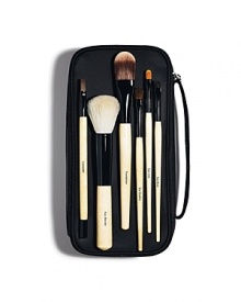 The essential brush set for a quick application and professional-looking results. Includes six brushes: Concealer, Foundation, Face Blender, Eye Shadow, Eye Liner and Eye Brow. Brushes are tucked into a portable black case. The essential brush set for a quick application and professional-looking results. Includes six brushes: Concealer, Foundation, Face Blender, Eye Shadow, Eye Liner and Eye Brow. Brushes are tucked into a portable black case.