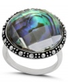 Inspire your look with ocean color. Genevieve & Grace's pretty ring features round-cut abalone glass and glittering marcasite. Set in sterling silver. Size 7 and 8.