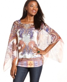 The contrast of a bold exotic print with sheer chiffon fabric is sure to make impression! Style&co.'s airy poncho comes with an accompanying camisole for a perfectly-matched look. The contrast of a bold exotic print with sheer chiffon fabric is sure to make impression! Style&co.'s airy poncho comes with an accompanying camisole for a perfectly-matched look.