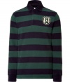 Classic black and teal striped fancy Rugby polo shirt - Get the modern preppy look with this sporty shirt - Classic polo shirt fit with front logo and number on back - Wear with jeans and a blazer for casual cool - Pair with cargo pants, a cardigan, and trainers