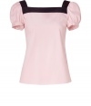 Rose-colored cotton top - Elegant with decorative black piping and bow - Update on nautical trend - Feminine square neckline with short, puffed sleeves - Fitted through chest and arms but with pretty, flowing hem - Pair with business pants, pencil skirt for day or black skinny jeans and heels for a casual night out