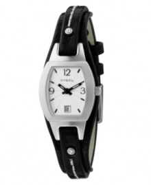 A contoured shape for seamless Fossil style. Marjorie collection watch features black leather strap with contrast stitching and a stainless steel case. Textured white dial with black stick indices, date window, logo and numerals at three o'clock, nine o'clock and twelve o'clock. Quartz movement. Water resistant to 50 meters. 11-year limited warranty. Packaged in a collectible tin. A contoured shape for seamless Fossil style. Marjorie collection watch features black leather strap with contrast stitching and a stainless steel case. Textured white dial with black stick indices, date window, logo and numerals at three o'clock, nine o'clock and twelve o'clock. Quartz movement. Water resistant to 50 meters. 11-year limited warranty. Packaged in a collectible tin.