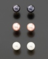Cultured freshwater pearls are the perfect choice for so many occasions. This versatile earring set includes three subtle, luminous shades of white, pink and gray, to coordinate with virtually any attire or mood. Pearls measure 5.5 x 6mm and are mounted on post-style settings of 14K gold.