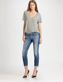 Ankle length skinny-fit denim can be cuffed for a versatile silhouette.THE FITCigarette legRise, about 7Inseam, about 26THE DETAILSZip flyFive-pocket styleSignature stitch back patch pockets70% cotton/28% lyocell/2% polyurethaneMachine washMade in USA of imported fabricModel shown is 5'10 (177cm) wearing US size 4. Ankle length skinny-fit denim can be cuffed for a versatile silhouette.THE FITCigarette legRise, about 7Inseam, about 26THE DETAILSZip flyFive-pocket styleSignature stitch back patch pockets70% cotton/28% lyocell/2% polyurethaneMachine washMade in USA of imported fabricModel shown is 5'10 (177cm) wearing US size 4.
