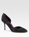 The iconic d'Orsay, low-cut silhouette rendered in soft suede with a brocade design. Lacquered heel, 3½ (90mm)Suede upperPoint toeLeather lining and solePadded insoleMade in ItalyOUR FIT MODEL RECOMMENDS ordering true size. 