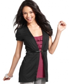Score a layered look without wearing a ton of clothes! The striped, ruffled inset and short sleeve cardi on this top from Belle Du Jour evoke the perfect layered look. Score a layered look without wearing a ton of clothes! The striped, ruffled inset and short sleeve cardi on this top from Belle Du Jour evoke the perfect layered look.