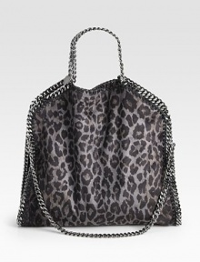 An animal printed faux suede style with shiny link chain trim in a chic fold-over design that follows the brand's vegetarian initiatives.Double chain top handles, 5 dropChain shoulder strap, 11 dropMagnetic snap closureOne inside zip pocketFully lined14W X 14½H X 3DMade in Italy