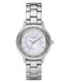 Illuminate every day with this versatile watch by DKNY. Stainless steel bracelet and round case. Bezel embellished with crystal accents. White dial with inner mother-of-pearl dial features applied silver tone stick indices, three hands and logo. Quartz movement. Water resistant to 50 meters. Two-year limited warranty.