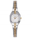 Give your look everyday luxury with this feminine, refined watch from Caravelle by Bulova. Two-tone mixed metal bracelet and cushion-shaped case. Octagonal white dial with logo and stick indices. Quartz movement. Moisture resistant. Two-year limited warranty.