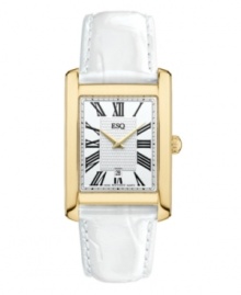 Consider a new neutral. The handsome details of this Filmore watch by ESQ by Movado will have you rethinking black and brown. White croc-embossed leather strap and rectangular gold-plated stainless steel case. Silver tone dial with textured inner dial features black Roman numerals at markers, minute track, date window at six o'clock, two gold tone hands and logo. Swiss quartz movement. Water resistant to 30 meters. Two-year limited warranty. Consider a new neutral. The handsome details of this Filmore watch by ESQ by Movado will have you rethinking black and brown. White croc-embossed leather strap and rectangular gold-plated stainless steel case. Silver tone dial with textured inner dial features black Roman numerals at markers, minute track, date window at six o'clock, two gold tone hands and logo. Swiss quartz movement. Water resistant to 30 meters. Two-year limited warranty.