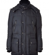 Stay warm in high style with this ultra-luxe down jacket from Belstaff - Stand collar with buckle detail, hood with drawstring, concealed front zipper placket with snaps, chest zip pockets, flap waist pockets, quilted details - Pair with jeans and a tee and motorcycle boots or with slim trousers and trainers