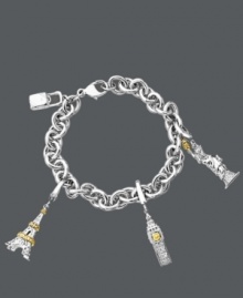 The perfect gift for the lady who loves to travel. This adorable charm bracelet features a rolling travel bag, the Eiffel Tower, Big Ben, and the Statue of Liberty. Crafted in sterling silver with 14k gold accents and sparkling, round-cut diamonds (1/10 ct. t.w.). Approximate length: 7-1/2 inches. The perfect gift for the lady who loves to travel. This adorable charm bracelet features a rolling travel bag, the Eiffel Tower, Big Ben, and the Statue of Liberty. Crafted in sterling silver with 14k gold accents and sparkling, round-cut diamonds (1/10 ct. t.w.). Approximate length: 7-1/2 inches.