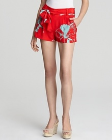 Mini Oonagh by Nanette Lepore shorts play up spring's color trend, flaunting a vivid print on a luxe silk silhouette complete with a chic bow-tie belt. Keep all eyes on the prize and team the look with a simple white tee. Mini Oonagh by Nanette Lepore shorts play up spring's color trend, flaunting a vivid print on a luxe silk silhouette complete with a chic bow-tie belt. Keep all eyes on the prize and team the look with a simple white tee.