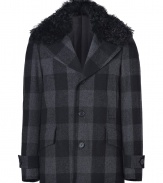 Channel cool winter style in Michael Kors fur collar plaid coat, the perfect choice for city and country looks alike - Notched lapel with button-on goat fur collar, long sleeves, buttoned tabbed cuffs, slit and flap pockets, button-down front, quilted lining - Tailored fit - Wear with rugged jeans and edgy leather lace-up boots