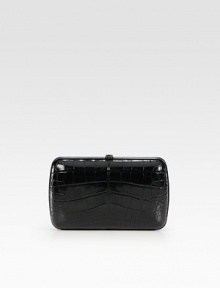 Gorgeous genuine croc-skin in a structured frame-top bag.Top clasp closureOne inside zip pocketSix credit card slotsFully lined8½W X 5¼H X 1/2DMade in Italy Gorgeous genuine croc-skin in a structured frame-top bag.Top clasp closureOne inside zip pocketSix credit card slotsFully lined8½W X 5¼H X 1/2DMade in Italy