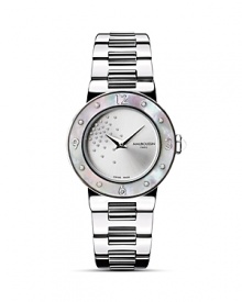 A scattering of diamonds glitters on the rhodium dial of this elegant round watch. Stainless steel bracelet. A scattering of diamonds glitters on the rhodium dial of this elegant round watch. Stainless steel bracelet.