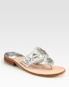 Sparkling jewels adorn this brilliant, metallic leather thong. Stacked heel, 1 (25mm) Leather lining and sole ImportedOUR FIT MODEL RECOMMENDS ordering true size.. 