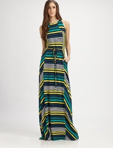 Colorful graphic stripes decorate this floor-length design.Jewel necklineSleevelessDrawstring waistbandSide slash pocketsPanel constructionBack keyhole with button closureAbout 60½ from shoulder to hem97% viscose/3% elastaneDry cleanMade in USA of imported fabricModel shown is 5'11 (180cm) wearing US size 4. Colorful graphic stripes decorate this floor-length design.Jewel necklineSleevelessDrawstring waistbandSide slash pocketsPanel constructionBack keyhole with button closureAbout 60½ from shoulder to hem97% viscose/3% elastaneDry cleanMade in USA of imported fabricModel shown is 5'11 (180cm) wearing US size 4.