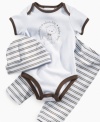 What a mama's boy. He'll feel the motherly love in this comfortable bodysuit, pant and hat set from First Impressions.