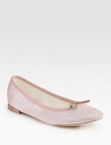 Metallic suede style with grosgrain trim and bow.Metallic suede upper Padded insole Leather sole ImportedOUR FIT MODEL RECOMMENDS ordering one half size up as this style runs small. 