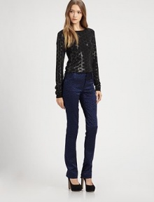Alice + Olivia's original fitted pant, updated in slimmer silhouette crafted from metallic leopard jacquard.Wide tab-front waistBelt loopsZip-flySlash pocketsBack welt pocketsRise, about 8Inseam, about 3554% acetate/40% nylon/6% elastaneDry cleanImportedModel shown is 5'10 (177cm) wearing US size 4. Alice + Olivia's original fitted pant, updated in slimmer silhouette crafted from metallic leopard jacquard.Wide tab-front waistBelt loopsZip-flySlash pocketsBack welt pocketsRise, about 8Inseam, about 3554% acetate/40% nylon/6% elastaneDry cleanImportedModel shown is 5'10 (177cm) wearing US size 4.