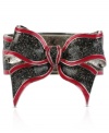 Beautiful bow. Betsey Johnson creates a whimsical centerpiece for this bangle, crafted from silver-tone mixed metal with a bow and silver glitter to dress it up. Approximate diameter: 2-1/2 inches. Approximate drop: 2 inches. Large Bow Hinged Bangle Bracelet  Bow Drop 2 metal w/rhodium plating 2-1/2 diameter   silver tone bangle bracelet with silver glitter and fuchsia bow metal
