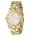 Bask in the splendor of this glowing watch by Marc by Marc Jacobs. Ion-plated goldtone stainless steel bracelet and round case. Logo etched at bezel. White chronograph dial with goldtone numerals, logo, date window and three subdials. Quartz movement. Water resistant to 30 meters. Two-year limited warranty.