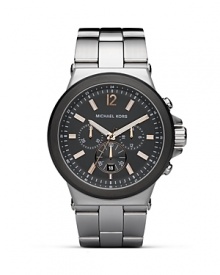 Clock watcher. MICHAEL Michael Kors' gunmetal chronograph watch is this season's must-have accent. With 3-eye design, stick and number indices, sweep second hand and date display. Finished with an stainless bracelet strap. Clock watcher. MICHAEL Michael Kors' gunmetal chronograph watch is this season's must-have accent. With 3-eye design, stick and number indices, sweep second hand and date display. Finished with an stainless bracelet strap.