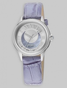 From the 939 Collection. An elegant timepiece with Roman numeral hour markers and iridescent mother of pearl insert.Swiss quartz movement Water resistant to 10 ATM Round stainless steel case, 34mm, (1.33) Mineral glass with anti-reflection coat White agata cabochon crown Silver dial with MOP insert Roman numeral hour markers Second hand Croc embossed leather strap Made in Switzerland From the 939 Collection. An elegant timepiece with Roman numeral hour markers and iridescent mother of pearl insert.Swiss quartz movement Water resistant to 10 ATM Round stainless steel case, 34mm, (1.33) Mineral glass with anti-reflection coat White agata cabochon crown Silver dial with MOP insert Roman numeral hour markers Second hand Croc embossed leather strap Made in Switzerland