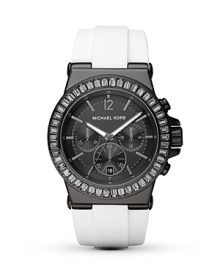 Get up-to-the-minute style with this bold, monochromatic watch from MICHAEL Michael Kors. The gunmetal dial boasts a bezel of diamond baguettes and three-eye functionality. Get up-to-the-minute style with this bold, monochromatic watch from MICHAEL Michael Kors. The gunmetal dial boasts a bezel of diamond baguettes and three-eye functionality.