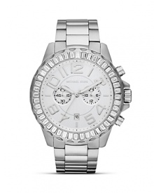Make a sporty statement wit this sleek, stainless steel watch from MICHAEL Michael Kors. Boating an oversized bezel and glitzy accents, it will add easy impact to every look. Make a sporty statement wit this sleek, stainless steel watch from MICHAEL Michael Kors. Boating an oversized bezel and glitzy accents, it will add easy impact to every look.