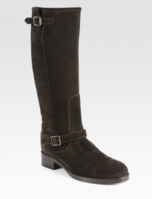 Contrast stitching on buttery suede defines this tall silhouette with adjustable buckle straps. Stacked heel, 1½ (40mm)Shaft, 15Leg circumference, 14½Suede upperPull-on style with adjustable buckle strapsLeather liningLeather and rubber solePadded insoleMade in Italy Contrast stitching on buttery suede defines this tall silhouette with adjustable buckle straps. Stacked heel, 1½ (40mm)Shaft, 15Leg circumference, 14½Suede upperPull-on style with adjustable buckle strapsLeather liningLeather and rubber solePadded insoleMade in Italy